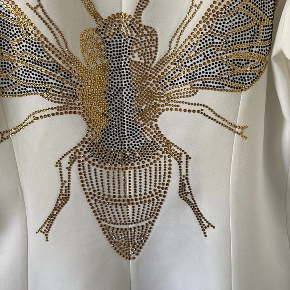 *Elegant Embellished White Blazer Jacket w Queen Bee Beaded Design Shawl Lapel - Picture 8 of 16